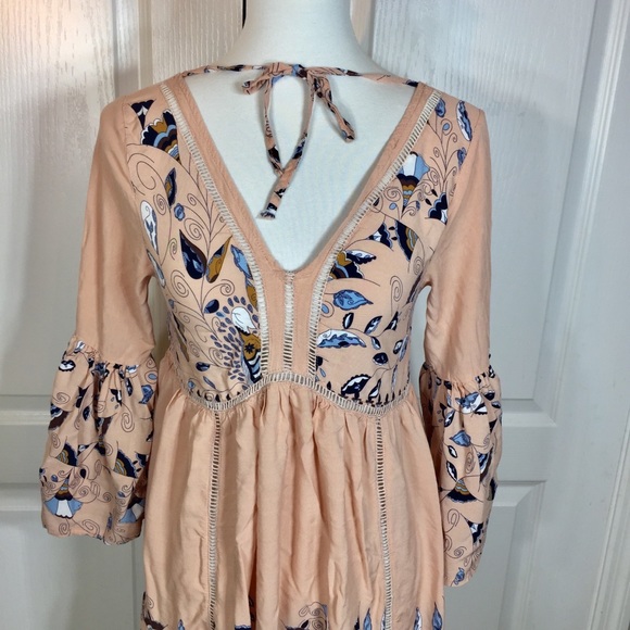 Jaase Peach Floral Bell Sleeve V-Neck Flowy Dress - Picture 2 of 7